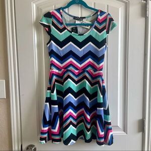 French Atmosphere Chevron Skater Fit Flare Dress Multicolor L NWT